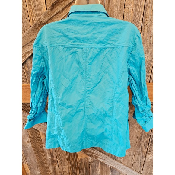 Chicos size 2 (L) crinkly 3/4 sleeve full zip light shaket EUC Career Casual ^ - Picture 2 of 7